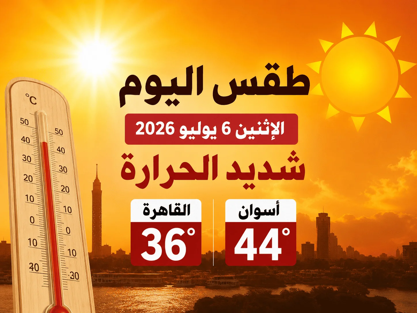 طقس اليوم الإثنين 6 يوليو 2026.. شديد الحرارة والعظمى بالقاهرة 36 وأسوان 44