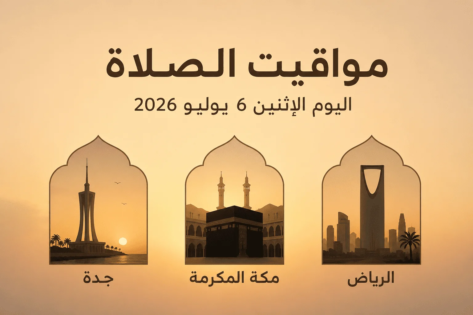 مواقيت الصلاة اليوم الإثنين 6 يوليو 2026 في مكة المكرمة والرياض وجدة